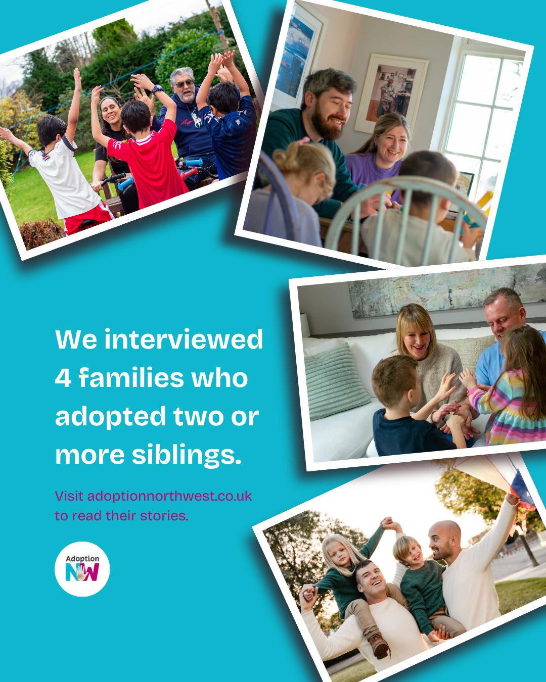 Adoption North West Article Image featuring multiple images of families enjoying time together along with contact details for adoption north west