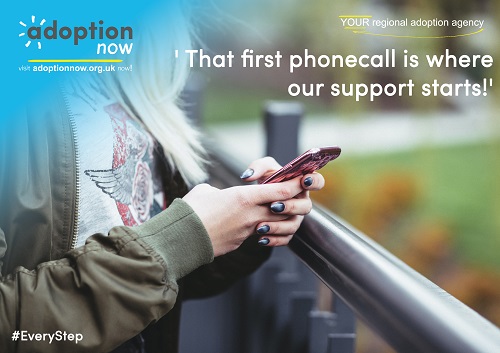 Women holding mobile phone with caption 'That first phonecall is where our support starts!'