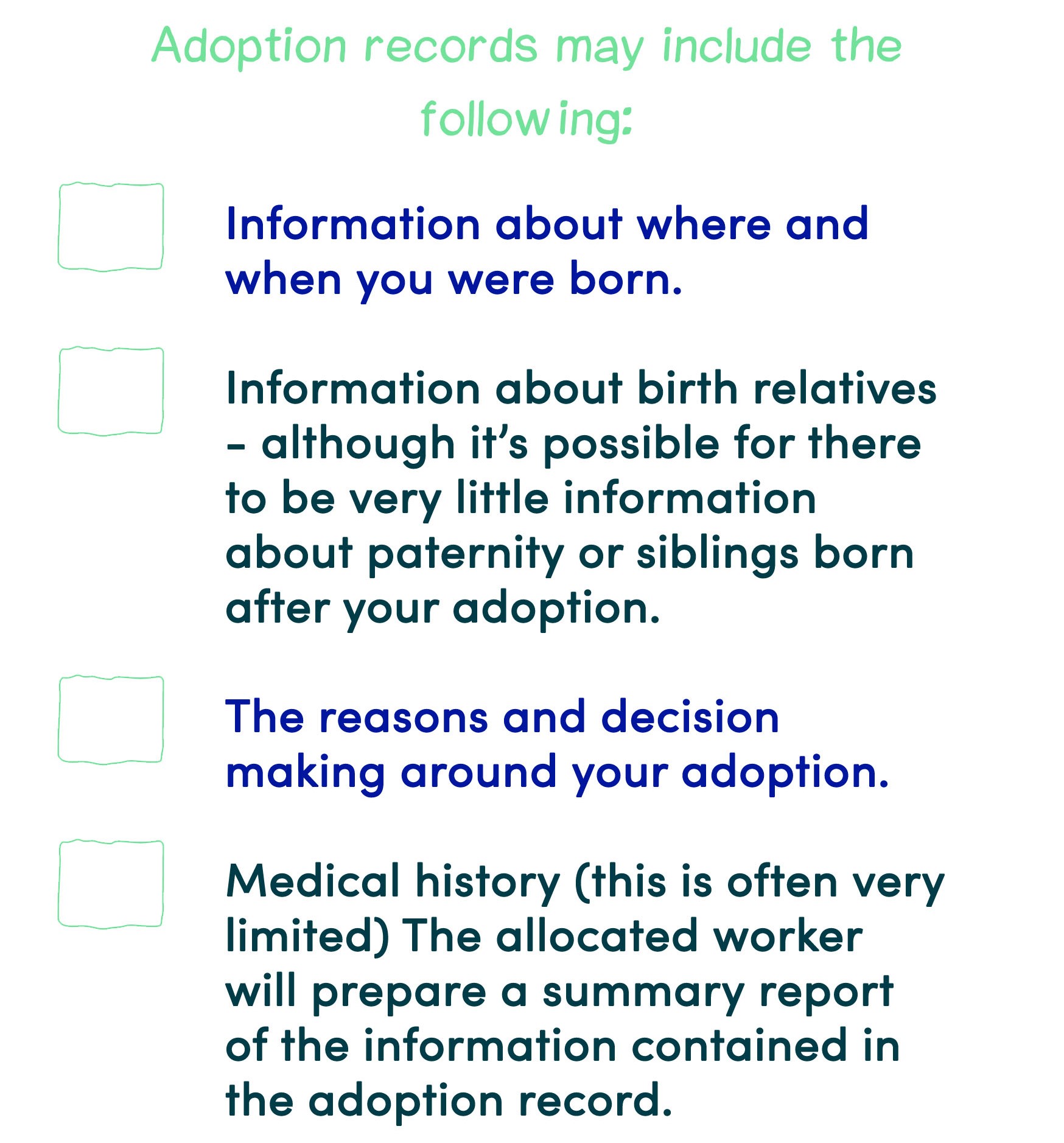 Text Graphic for what is included in adoption records, tick boxes, adoption history