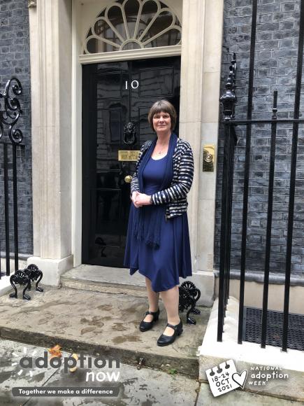 Adoption Now head of service, Karen Barrick at Number 10 talking to  Will Quince MP , the Minister for Children & Families, about all aspects of adoption for National Adoption Week