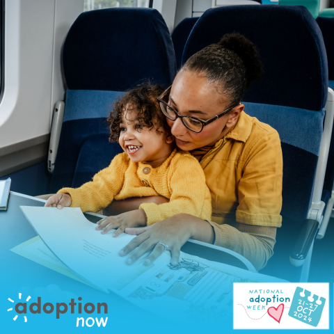 woman and adoptive child sitting on train for national adoption week 2024 adoption now