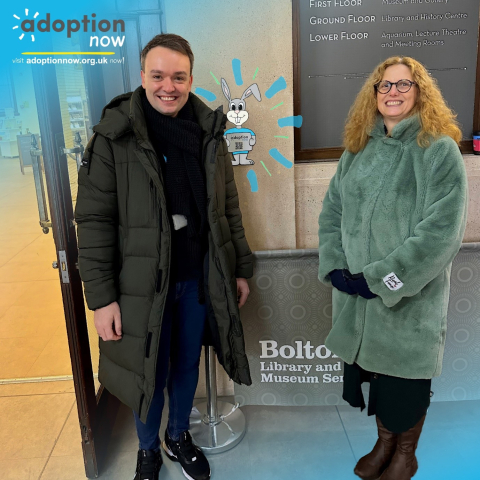 Adoption Now Welcome Team Dan and Adoption Now Head of Service Katrina with Bobbert, the Adoption Now mascot