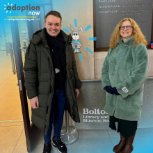 Adoption Now Welcome Team Dan and Adoption Now Head of Service Katrina with Bobbert, the Adoption Now mascot