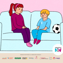 Adoption North West Cover Image. A cartoon image with a boy and girl sat on a sofa talking.